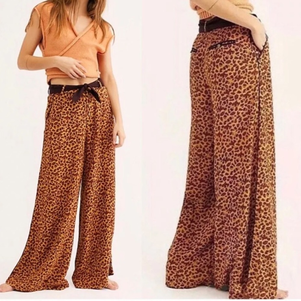 Free People Leopard-Print Wide Leg Pants in Brown and Black